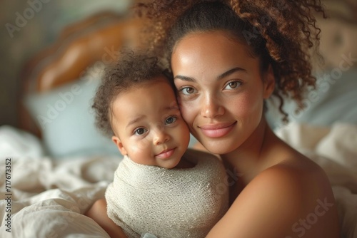 In the morning, a smiling black mother tenderly cuddles her adorable daughter in a close-up portrait. © Iryna