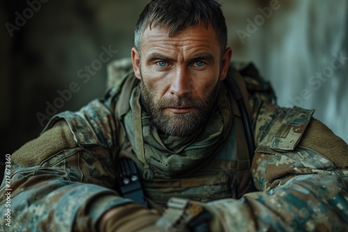 Soldier, a warrior's resolve. Soldier posing for the camera. Disruptive, emotional, dramatic.