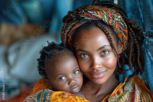 African mother, braided hair, affectionately hugs her smiling infant daughter outdoors, radiating genuine motherhood.