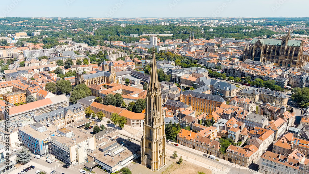 Metz, France. Temple de La Garrison de Metz. View of the historical city center. Summer, Sunny day, Aerial View
