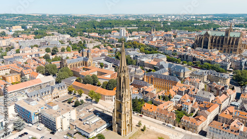 Fototapeta Naklejka Na Ścianę i Meble -  Metz, France. Temple de La Garrison de Metz. View of the historical city center. Summer, Sunny day, Aerial View