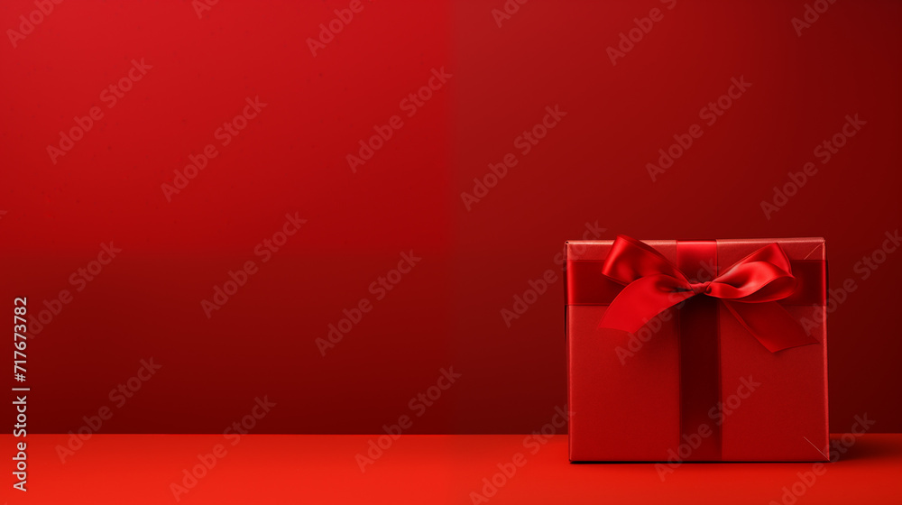 Elegant top view of a red gift box against a dark red background, radiating sophistication. Ample copy space available, creating a perfect setting for festive messages or expressions of love and celeb Elegant top view of a red gift box against a dark red background, radiating sophistication. Ample copy space available, creating a perfect setting for festive messages or expressions of love and celeb