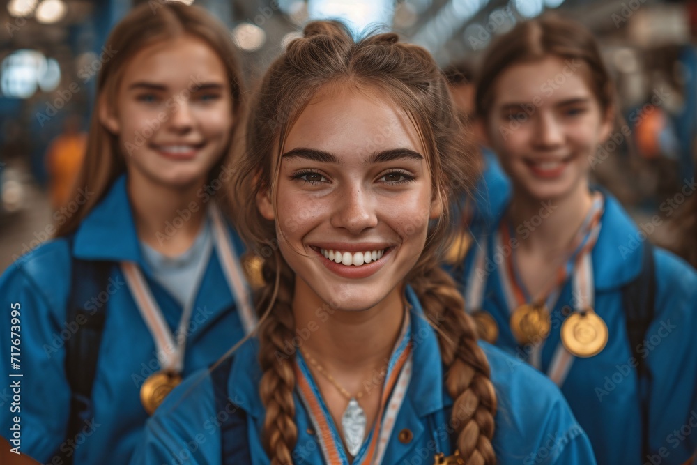 Smiling Teens in Blue Uniforms: A Celebration of Friendship and Teamwork Generative AI