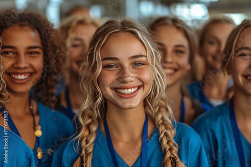 Smiling Blondes in Blue: A Celebration of the Monthly Hair Trend Generative AI photo