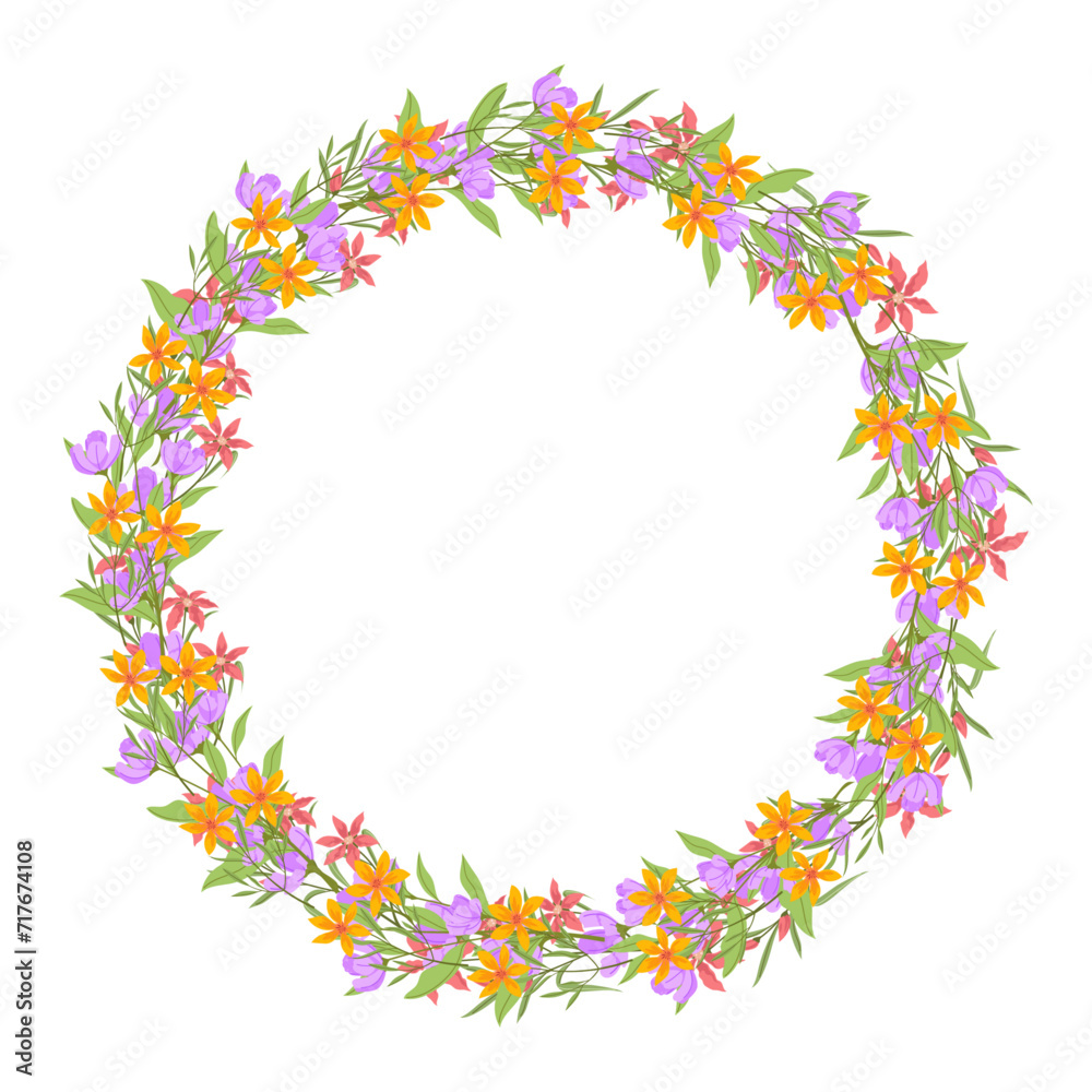 Vector hand drawn floral wreath frame on white background