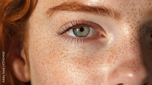 Close-Up, Redhead Woman With Freckles on Her Face. Gold eyebrow gel. Concept of good eyesight and beauty.