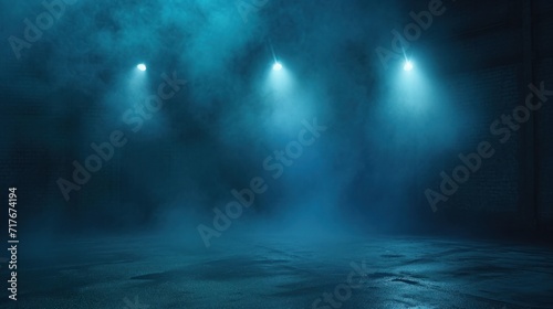 A dark empty street, dark blue background, an empty dark scene, neon light, spotlights The asphalt floor and studio room with smoke float up the interior texture. night view © Orxan