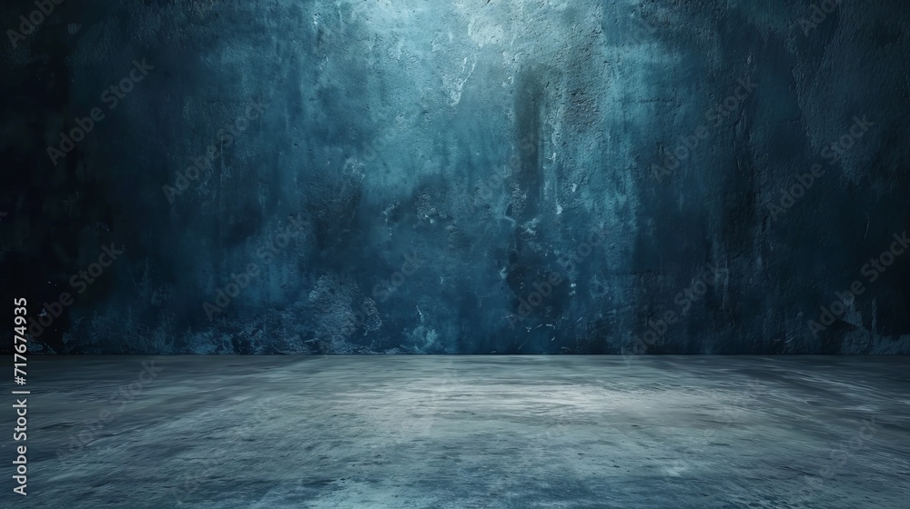 Empty Dark Blue Studio Background and Grey Floor Concrete perspective with blue soft light well editing Floor Display product and text present on Wall Room Empty free space Black Cement Backdrop photo - obrazy, fototapety, plakaty 