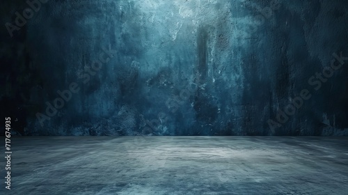 Empty Dark Blue Studio Background and Grey Floor Concrete perspective with blue soft light well editing Floor Display product and text present on Wall Room Empty free space Black Cement Backdrop photo