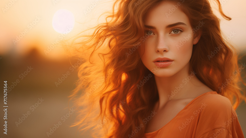 Woman With Long Hair Standing in a Field In the rays of the sunset. Natural beauty concept. Banner.