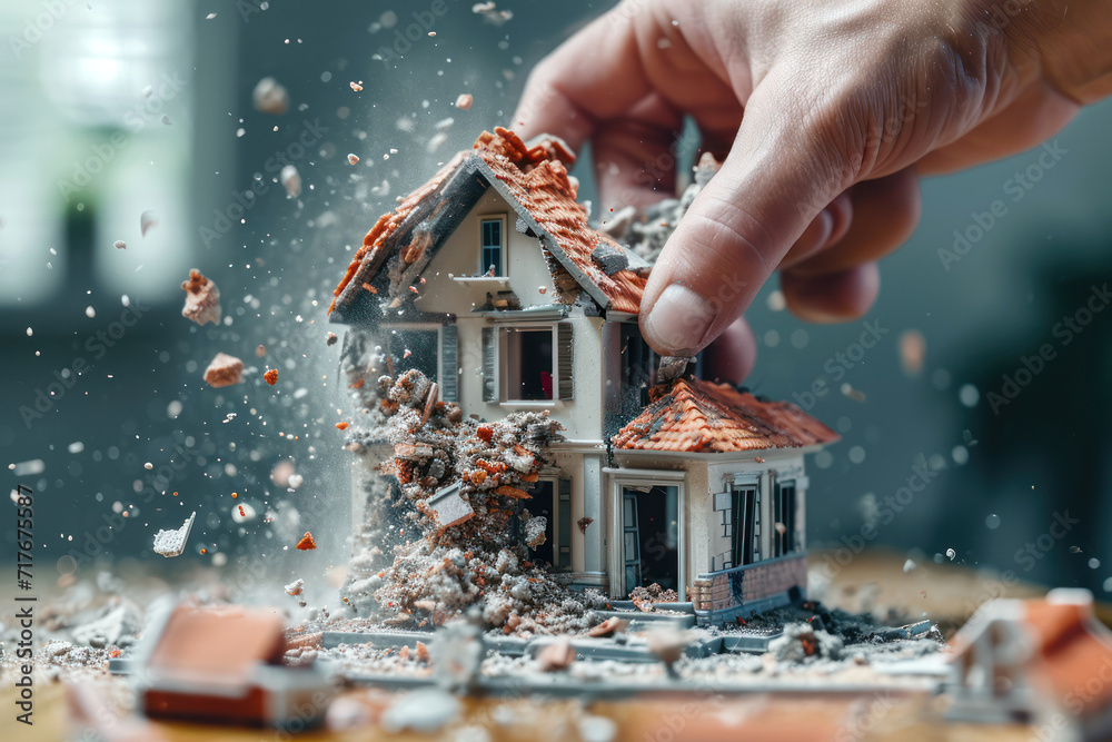 A man's hand destroys a house. Concept of demolition of housing and houses. Renovation old home and construction project. Tearing Down a Houses. - obrazy, fototapety, plakaty 
