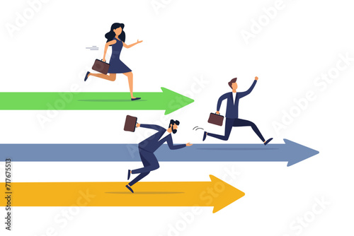 Businessman and woman compete running on arrow racetrack. Business competition, contest or rivalry against competitors to increase sales for victory.