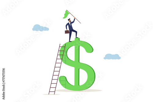 Businessman winner holding flag climbing dollar sign. Financial success, income growth or business achievement, making money or profit.