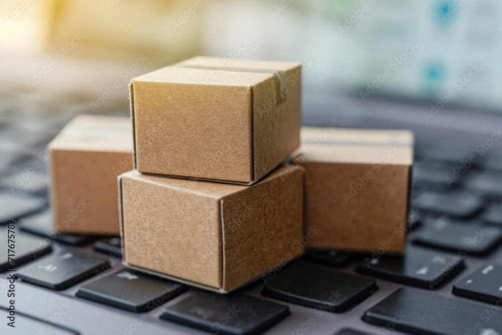Boxes with parcels stand against the background of the keyboard. Online delivery and online shopping concept Boxes with parcels stand against the background of the keyboard. Online delivery and online shopping concept