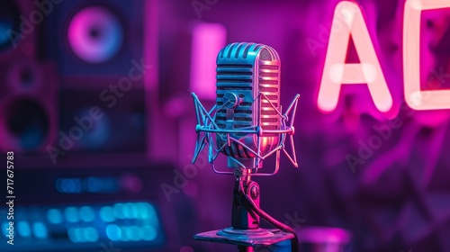 live on air. radio podcast broadcasting studio microphone with neon lights sign. banner with copy space photo