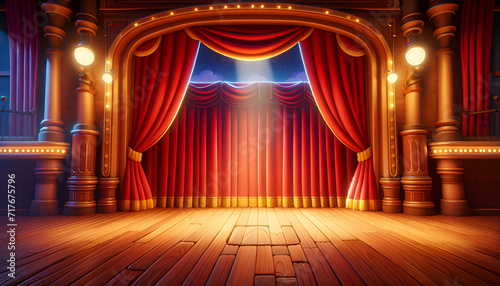 Red curtain theater stage, a traditional setting for performing arts.
Generative AI. photo