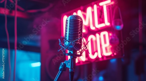live on air. radio podcast broadcasting studio microphone with neon lights sign. banner with copy space photo