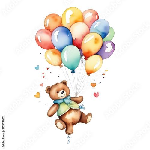 One toy bear fly in the air holding at hands bunch of helium balloons. Watercolor adventurer isolated on white background.