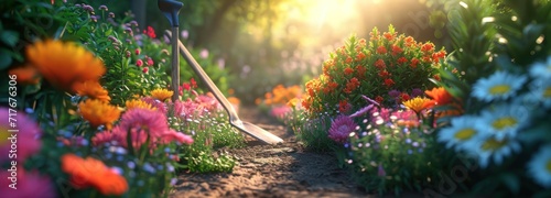 a colorful garden path with a shovel and flowers photo
