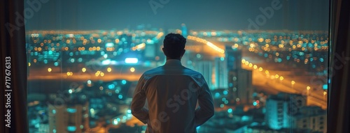 an arabic man looks out into the night sky from his hotel
