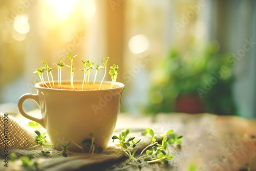 Yellow cup of coffee from which small sprouts emerge. Blurred background. Concept of absorption of the human world by nature