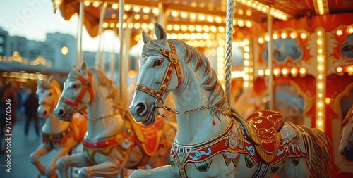 a carousel ride amidst several horses