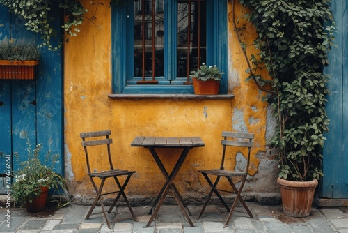 a brown wooden board next to a table and chairs