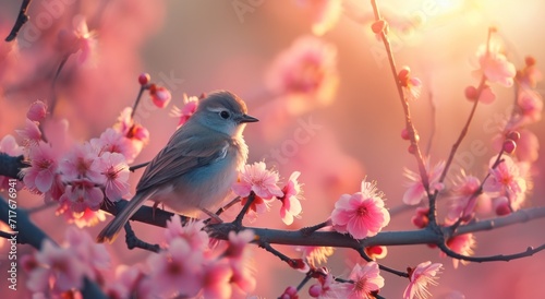 a bird sitting on a branch of a pink tree