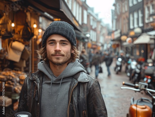 Fall Fashion: A Man in a Beanie and Leather Jacket Strolls Down a Brick Road Generative AI