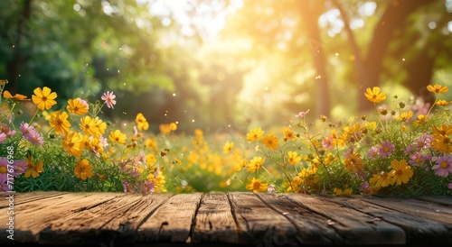 a wooden table filled with yellow flowers and sunshine