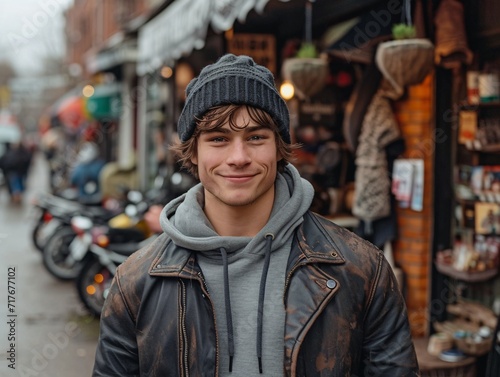 Fall Fashion: A Young Man in a Leather Jacket and Beanie Generative AI