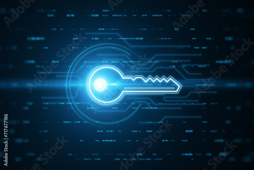 Glowing blue digital key on a circuit board background symbolizing secure access technology. 3D Rendering photo