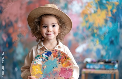 a toddler holding a painting palette and wearing a hat