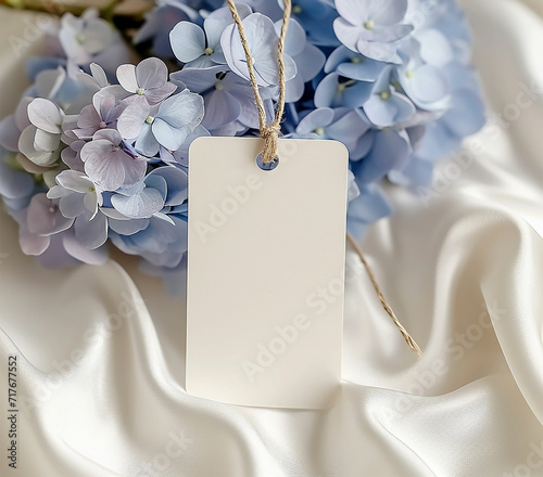 Thank you gift tag mockup for wedding, bridal shower wedding favor tag, with blue hydrangea flowers.