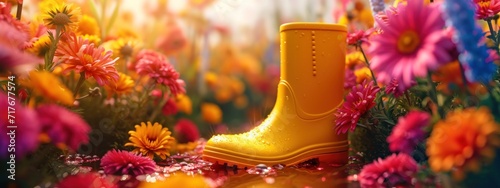 a yellow rain boot is in front of bright colors of flowers