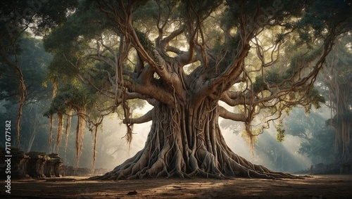 An ancient banyan tree with intricate roots weaving through a mystical forest Generative AI photo