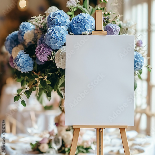 Welcome sign vertical mockup card on floral background , hydrangea blue flowers.