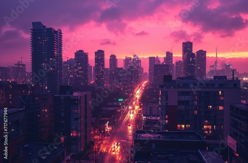 a cityscape with tall buildings and traffic cities