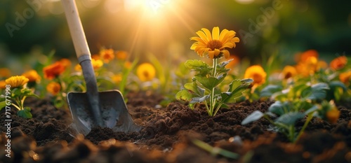 a shovel works in dirt to plant flowers photo