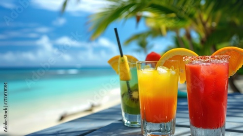 Fresh summer cocktails, adorned with vibrant fruits, set against the backdrop of a sun-kissed tropical beach. 