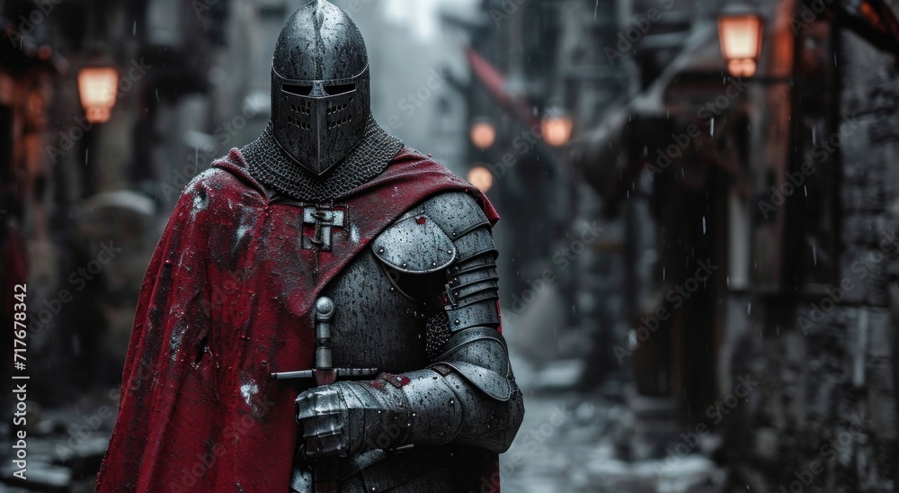 a medieval knight with armour stands on an alleyway a medieval knight with armour stands on an alleyway
