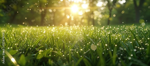 a grass field in the sunlight with small droplets of water