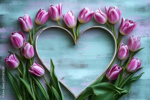 a heart is formed with purple tulips around a white wood base