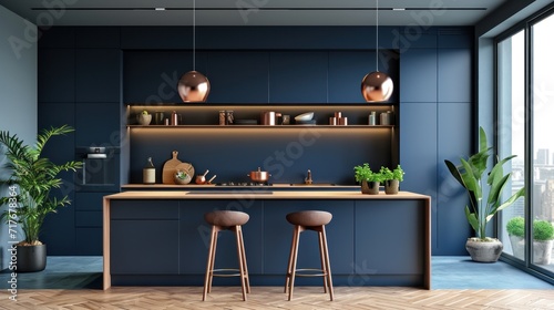 blue kitchen interior design rendering