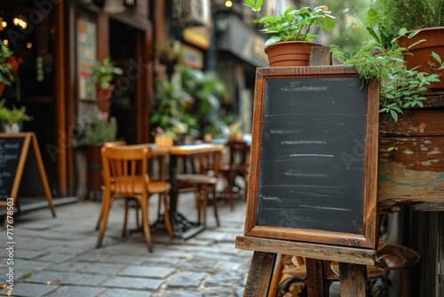 a wooden chalk board outside a restaurant
