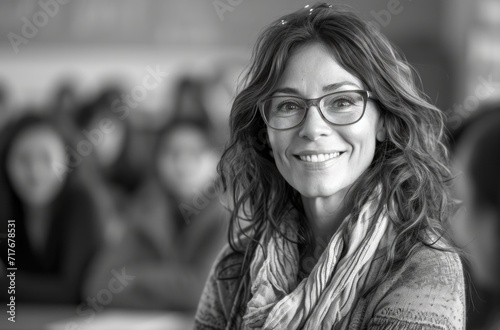 a teacher smiling for the camera in class