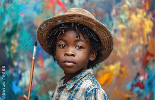 a young boy holding a paint brush in a hat and painting