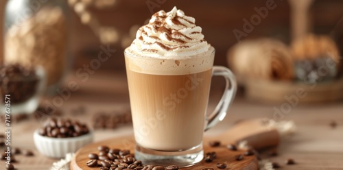 a coffee drink with whipped cream on top with coffee beans in the background