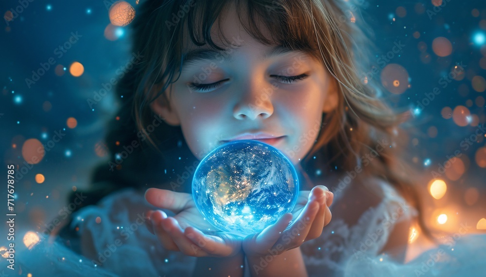 Naklejka premium Glowing Blue Planet in a Girl's Hand: A Celebration of Earth Day Generative AI