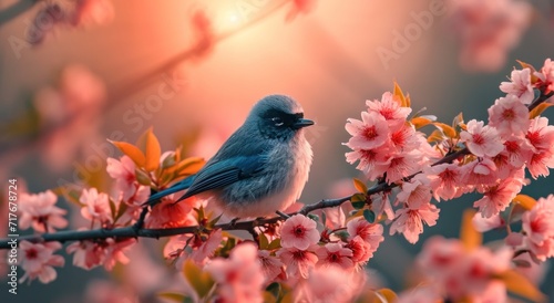 a bird sitting on a flowering branch © olegganko